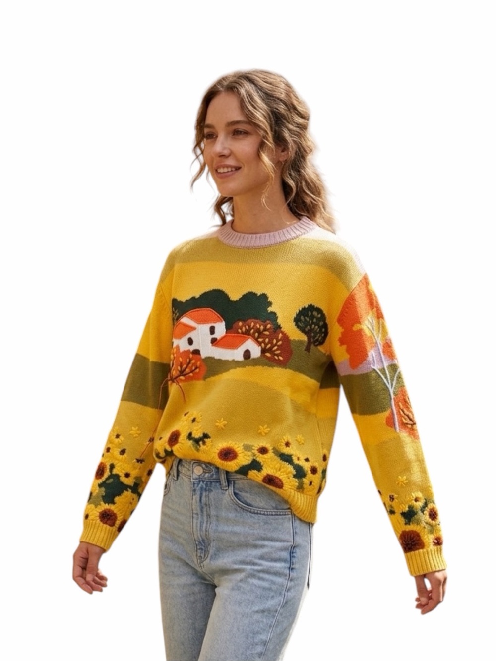 YITAI "Tuscany" Scenic Knit Sweater - Sunflower 3D Embroidery - XS